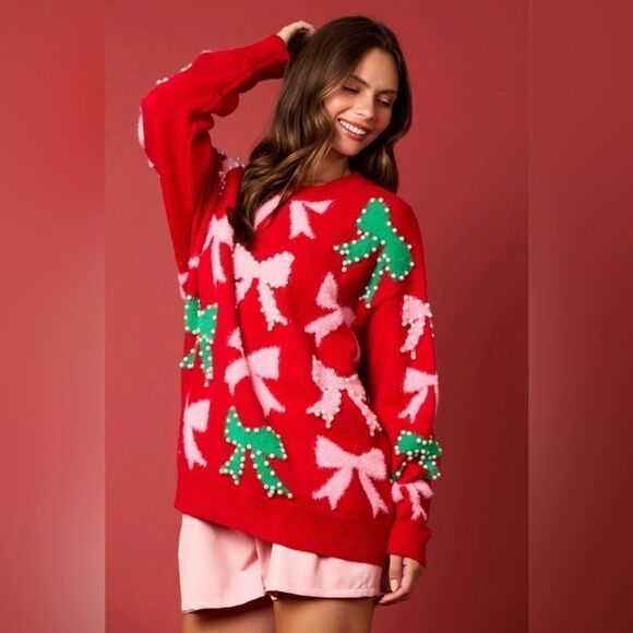 900. PEARL AND BOW EMBELLISHED SWEATER - Picture 5 of 11